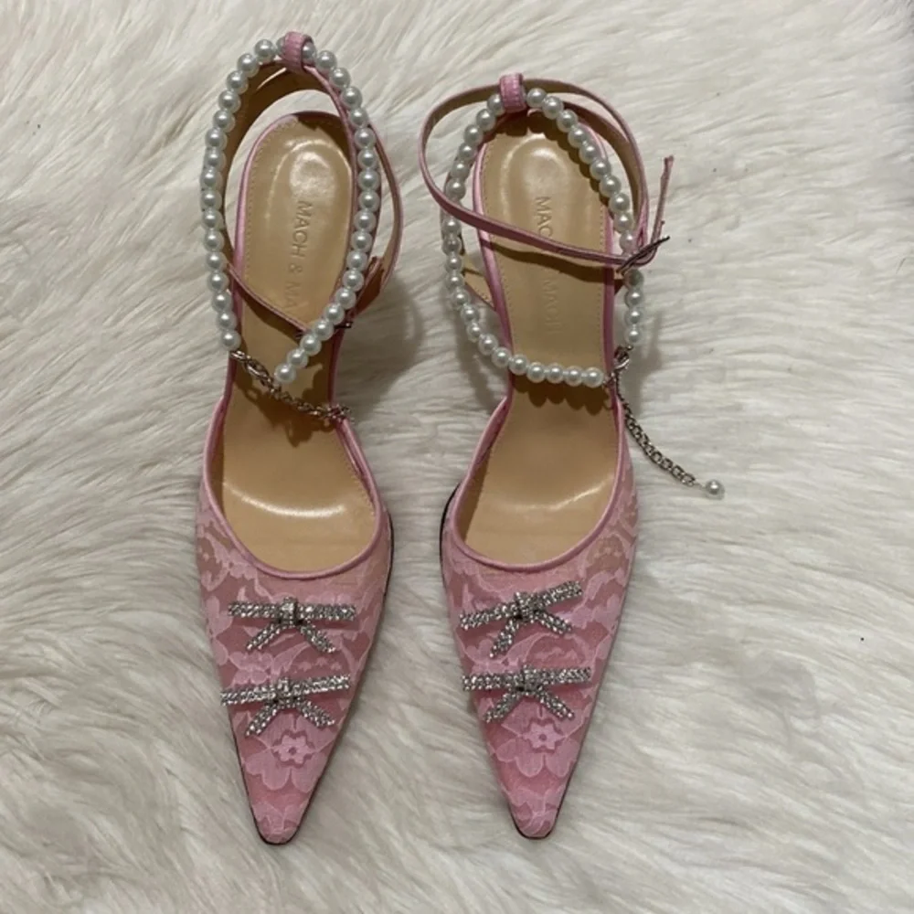 Mach & Mach Mini Bow embellished pink kitten lace pump heel‎ size 36EU